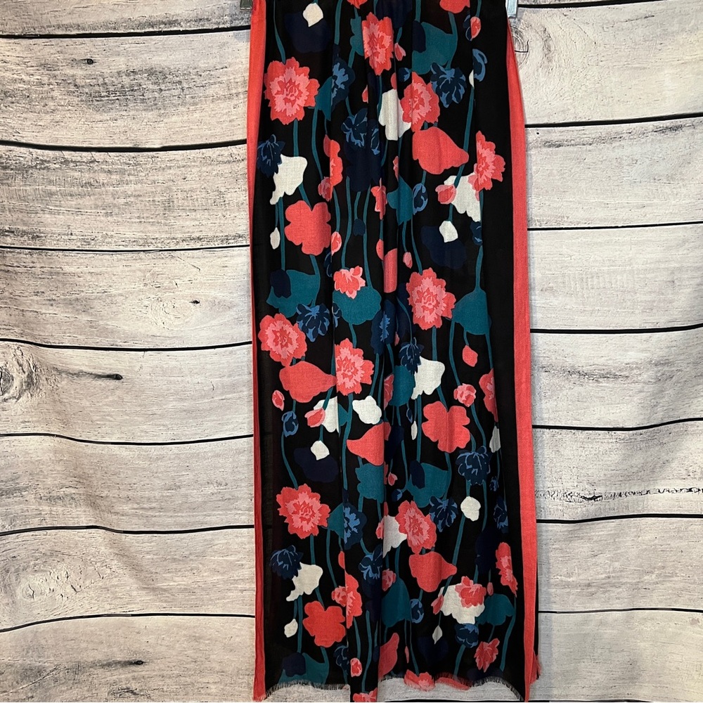 Kate Spade Viney Floral Scarf Black Coral Pink Green Blue Shawl - Picture 6 of 10